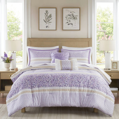Édredon double / grand en seersucker - Esthétique, imprimés botaniques, coussins en tissu froncé, literie 5 pièces avec coussins décoratifs décoratifs, garniture de dentelle