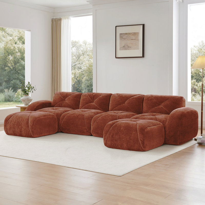 Canapé en forme de U sans os, conception capitonnée, fond en éponge haute densité 32D, conception antidérapante, aucun assemblage requis, combinaison libre, repose-pieds mobiles pour le salon, cinéma maison, brun rouge