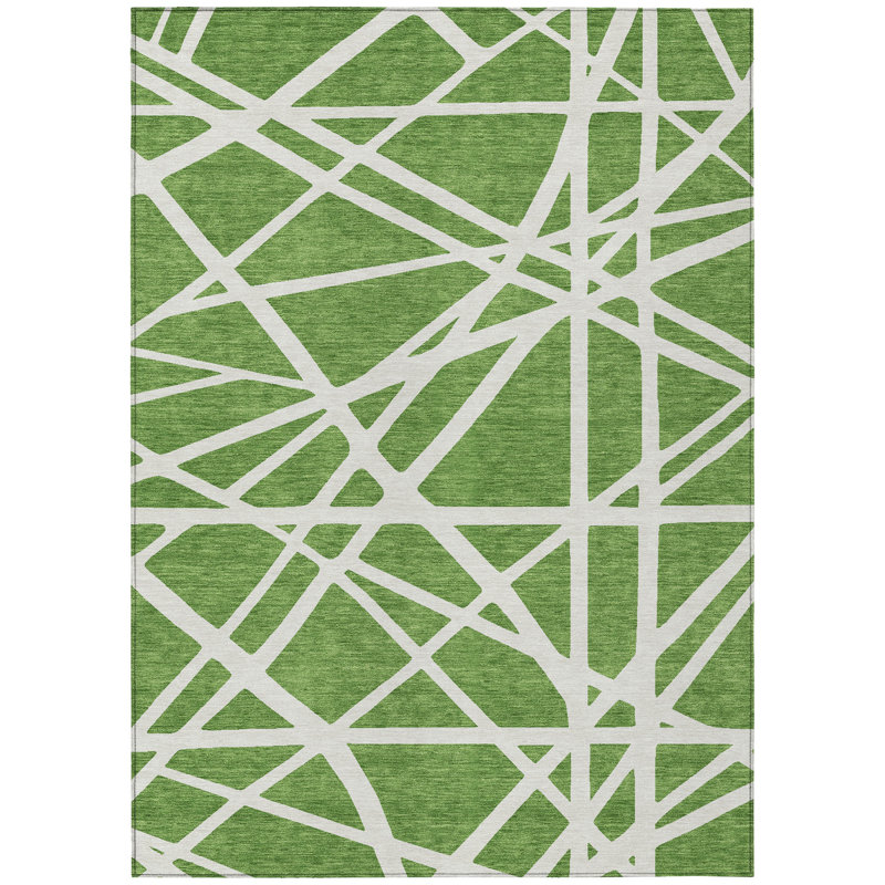 Green and White Geometric Washable Synthetic Rug