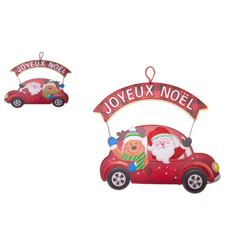 Voiture rouge décorative en mousse avec bannière Joyeux Noel - ensemble de 2