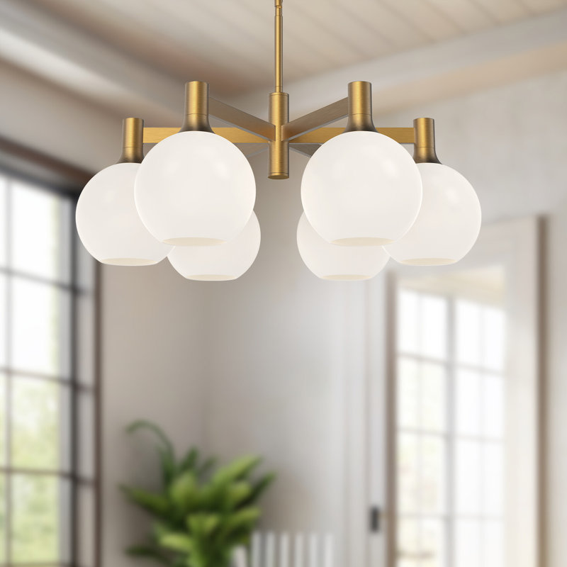 Lustre sphérique unique à 6 lumières Castilla, Opale matte, Doré vieilli