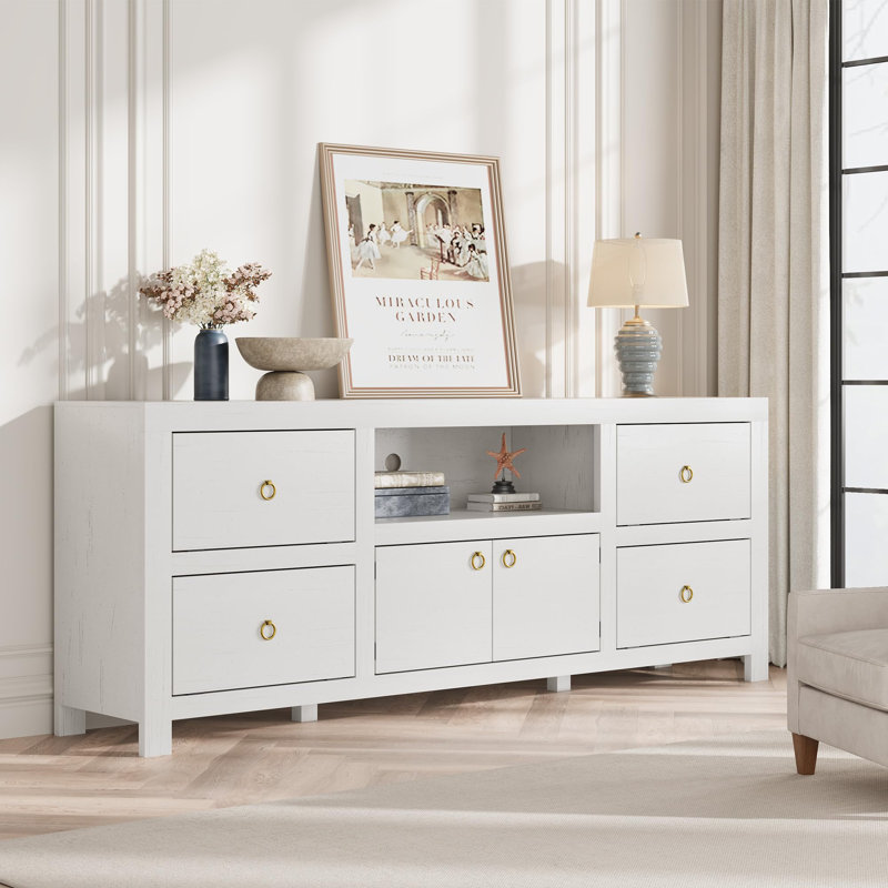 Farmhouse TV Stand for 75/80 Inch TVs, Long Entertainment Center with 6 Storage Drawers & Soundbar Shelf, White Television Consoles Stands for Living Room, Bedroom