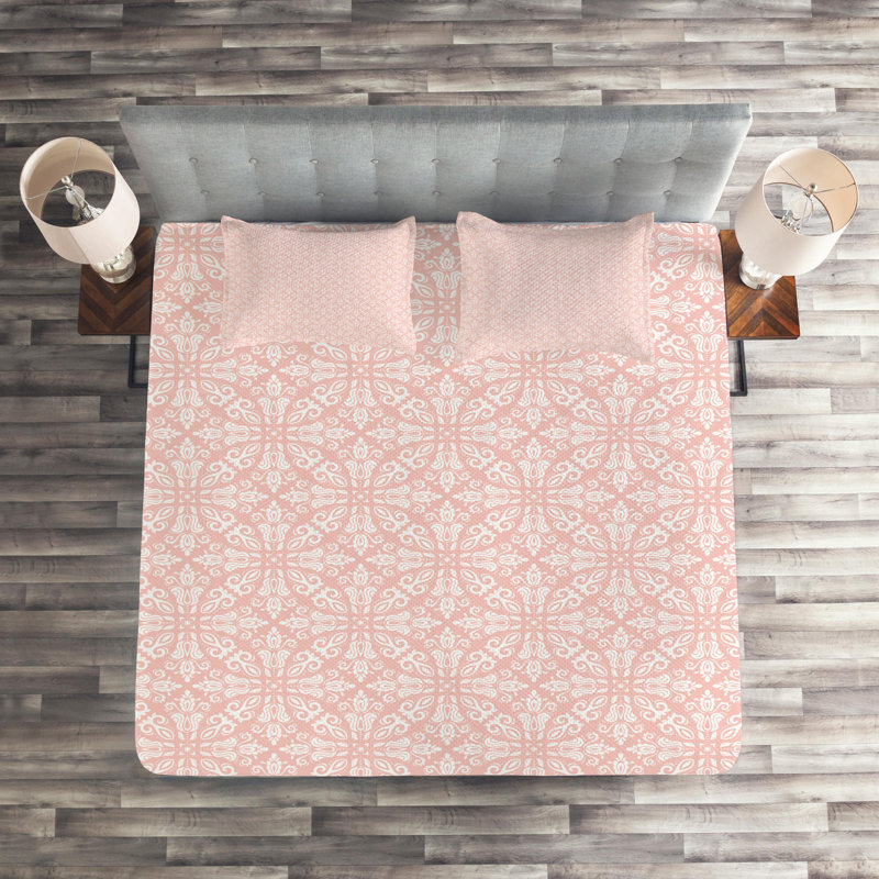 Polyester Coverlet, King Bedspread + 2 Shams, Peach/Off White Damask