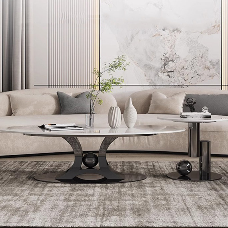 Italian minimalist oval rock table, 16.9" H x 47.2" W x 27.6" D, White, Black Titanium