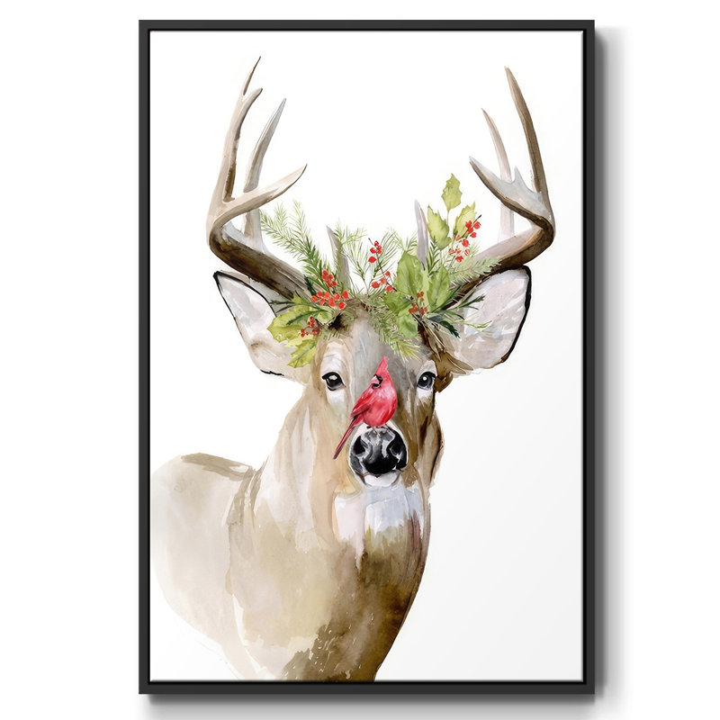 «Holiday Deer II», reproduction d'art sur toile, Cadre noir, H 25 po x l 17 po x P 1,5 po