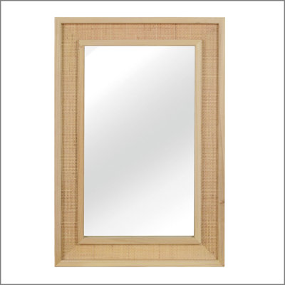 Natural Wood Color 24"x36" Rattan Rectangle Solid Wood Frame Decorative Mirror,For Farmhouse,Bathroom,Home Decor,Entryway