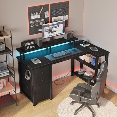 Black L Shaped Desk With Led Lights And Power Outlets, Writing Study Computer Gaming Desks With Fabric Drawers