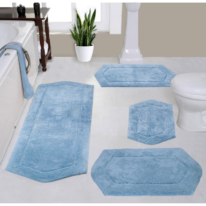 Morissette 100% Cotton Bath Rug, Non-Slip, Quick Dry, Absorbent, Machine Washable - 4 Piece Set, Blue