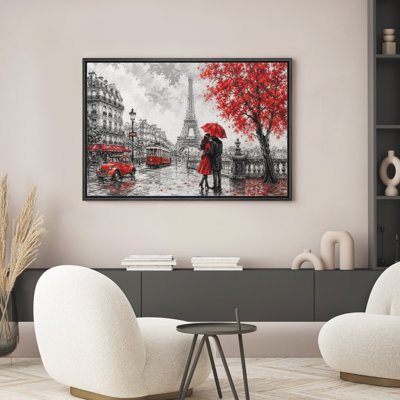 «Paris Street Rainy Couple Red Accent City Landscape», reproduction d'art sur toile encadrée dans la chambre principale