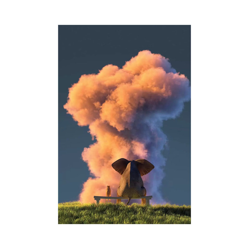 Elephant And Dog Look At The Big Pink Cloud II by Mike Kiev - Wrapped Canvas Print, 20.32 cm H x 30.48 cm W