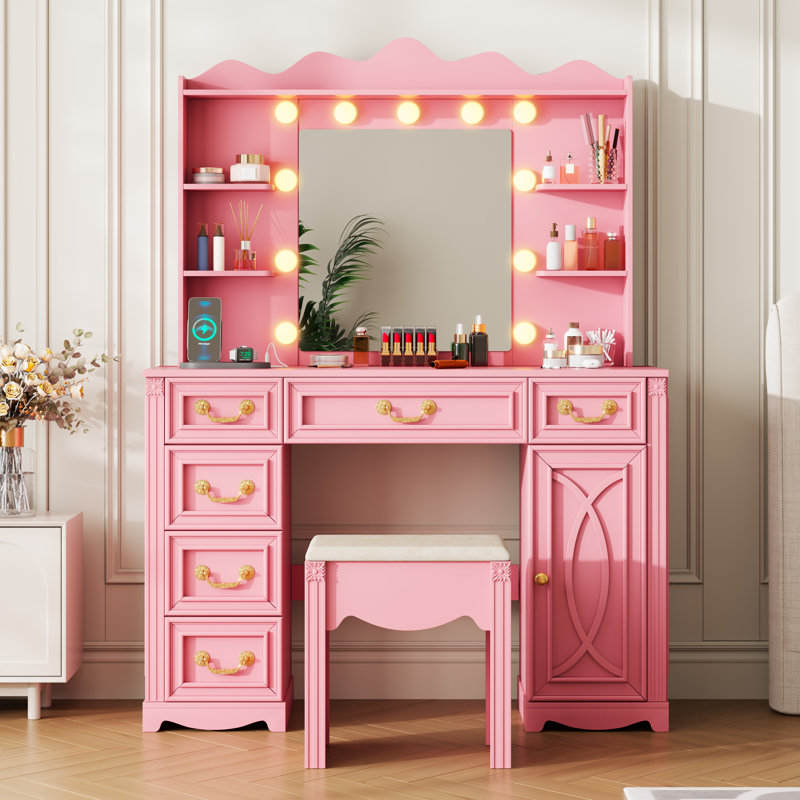 Dressing Table with 3-Color Lighting Mirror, Outlets, Stool, Storage Drawers and Cabinet, Pink