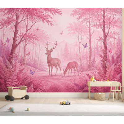 Papier peint adhésif peler et coller Scène de forêt rose Papillons cerfs Ethereal Woodland Landscape Papier auto-adhésif amovible de contact mural pour le salon