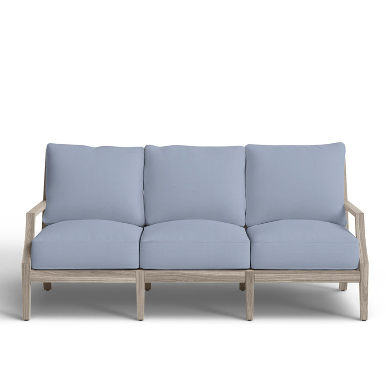 Haley Teak Patio Sofa with Cushions, Arbor Chambray Dove Sunbrella®, Oyster Teak, No welt + Standard fill