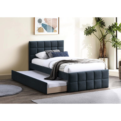 Full Size Bed With Trundle, Contemporary Bedroom Furniture, Charcoal Linen Upholstered Headboard And In Grid Pattern Trundle Bed, For