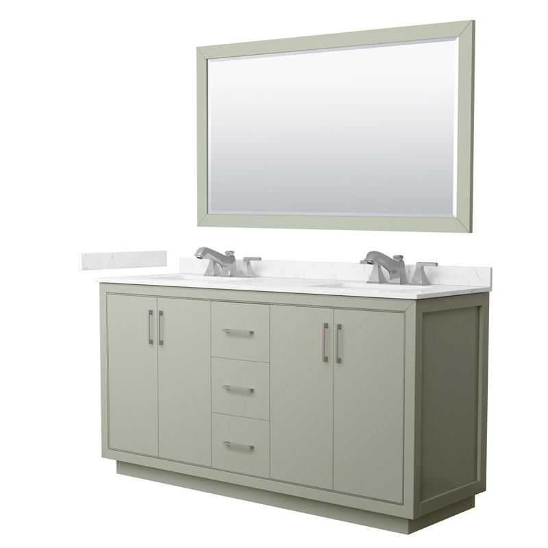 Strada 60" Freestanding Double Bathroom Vanity with Cultured Marble Top, Green / Brushed Nickel, 66" W, White Cultured Marble