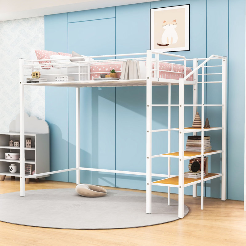 Twin Metal Loft Bed With Built-In Shelves And Guardrails, White