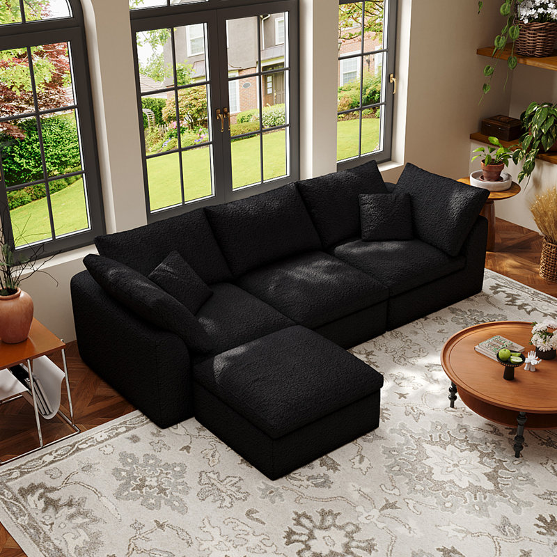108.2" W 4 - Piece L Shape Upholstered Sectional Sofa Oversized 4-Seater Modular Sofa With Ottomans    , Black Cotton Blend