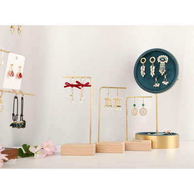 3 pièces de support de support de boucle d'oreille en bois de hêtre, présentoir à boucles d'oreille pour la vente de bijoux, mini support de boucle d'oreille en laiton