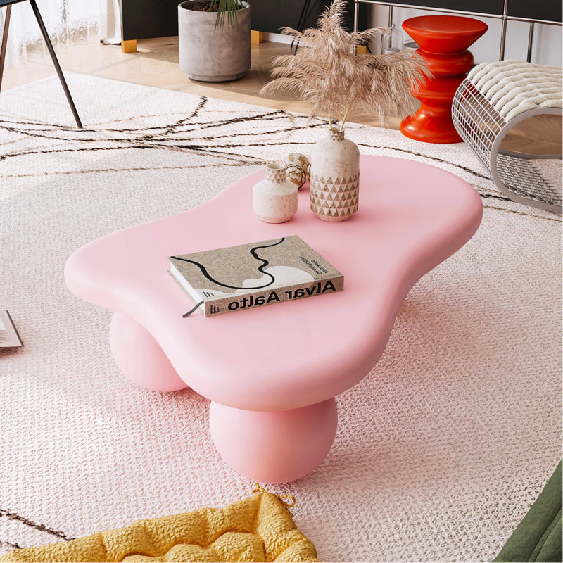 Table basse de 47 pouces en forme de nuage, table basse basse avec 3 pieds sphériques pour le salon, rose, Pink