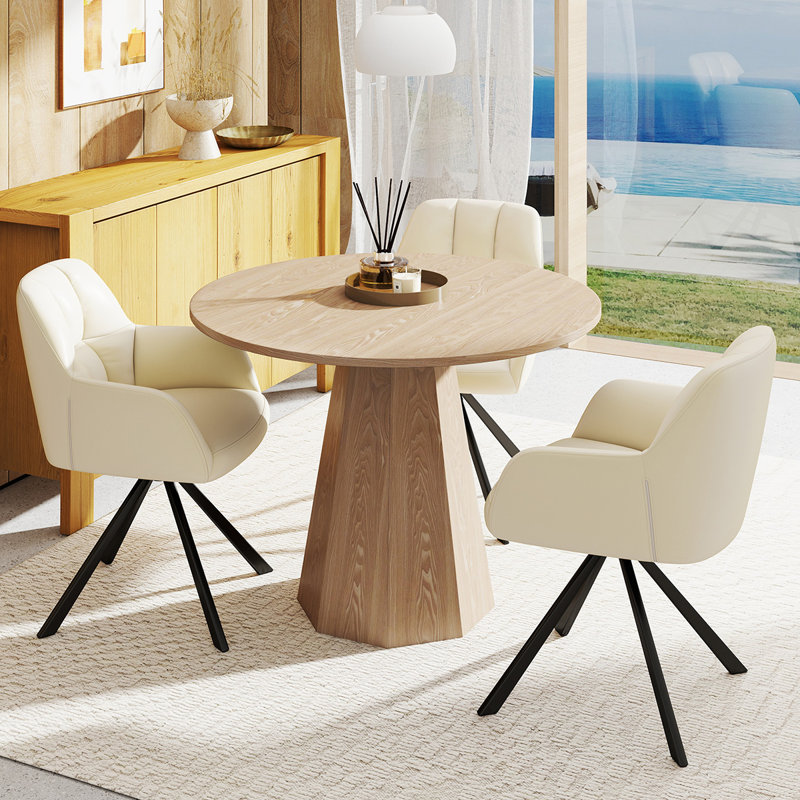 Round Dining Table Set Mid Century Modern Small Round Dining Table Set With Swivel Dining Chairs, Brown, Beige Faux Leather