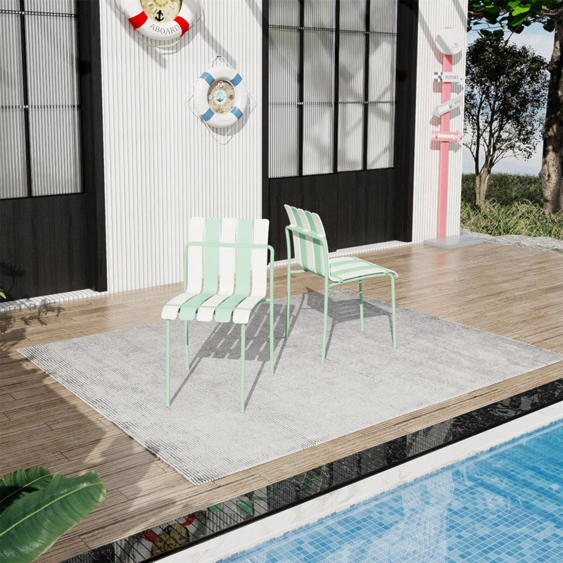 Été - Paquet de 4 chaises à blocs de couleur à rayures modernes - Siège en PP imperméable et pieds en métal robustes, ensemble repas intérieur / extérieur pour patio, balcon, café (blanc et vert)