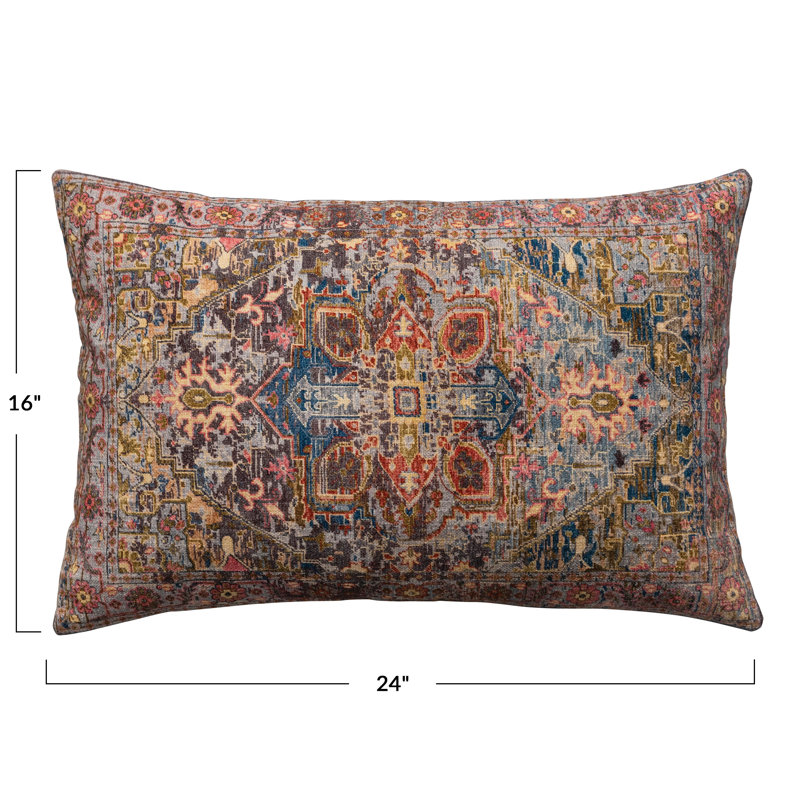 Multicolor Cotton Printed Lumbar Pillow with Chambray Back
