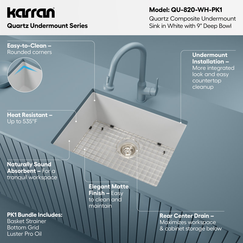 Karran Quartz 24-3/8'' X 19-1/8'' Single Bowl Undermount Kitchen Sink Kit, White