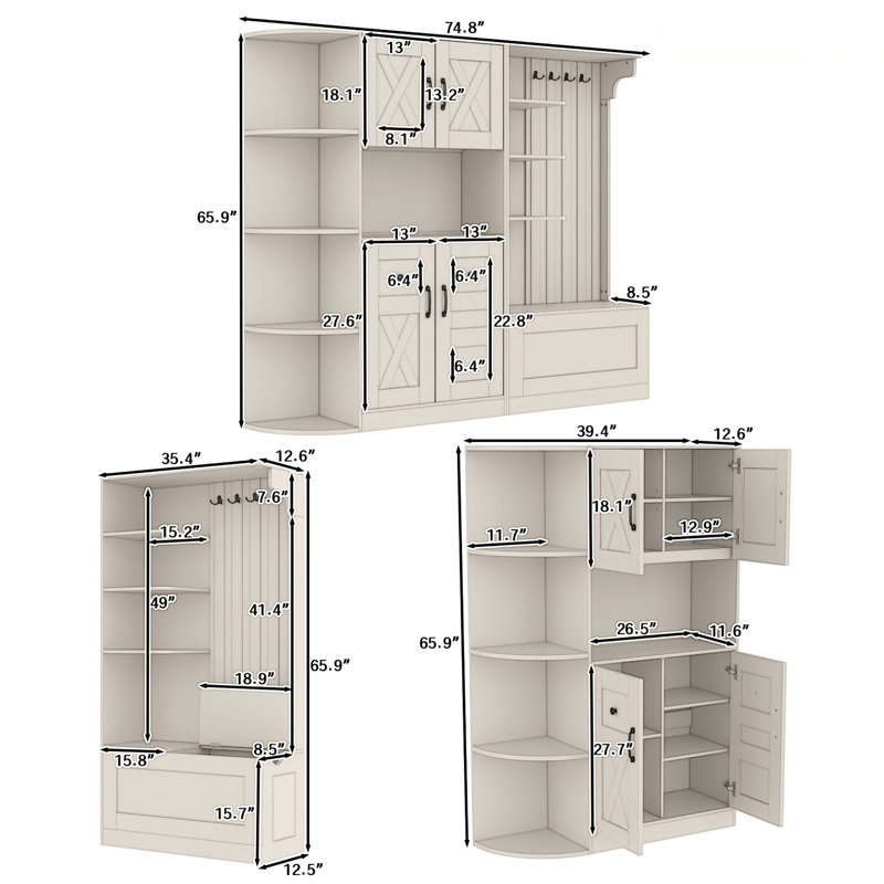 Arbre d'entrée Allen avec armoire de rangement et 4 crochets, Beige