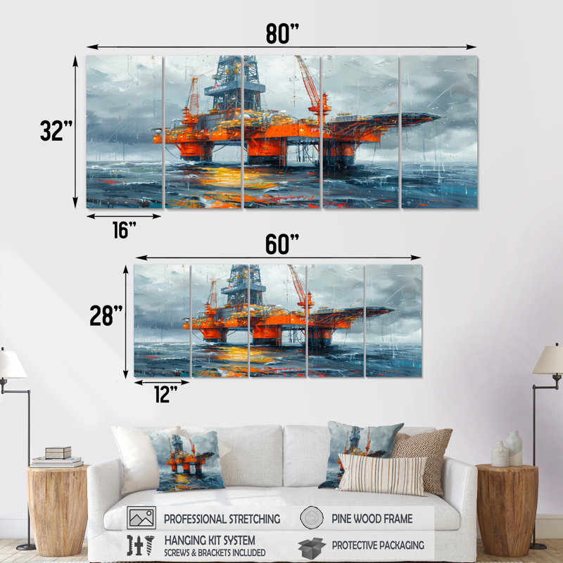 «Gray Orange Summer Summer Rig In Ocean» - ensemble d'art mural sur toile, H 32 po x l 80 po
