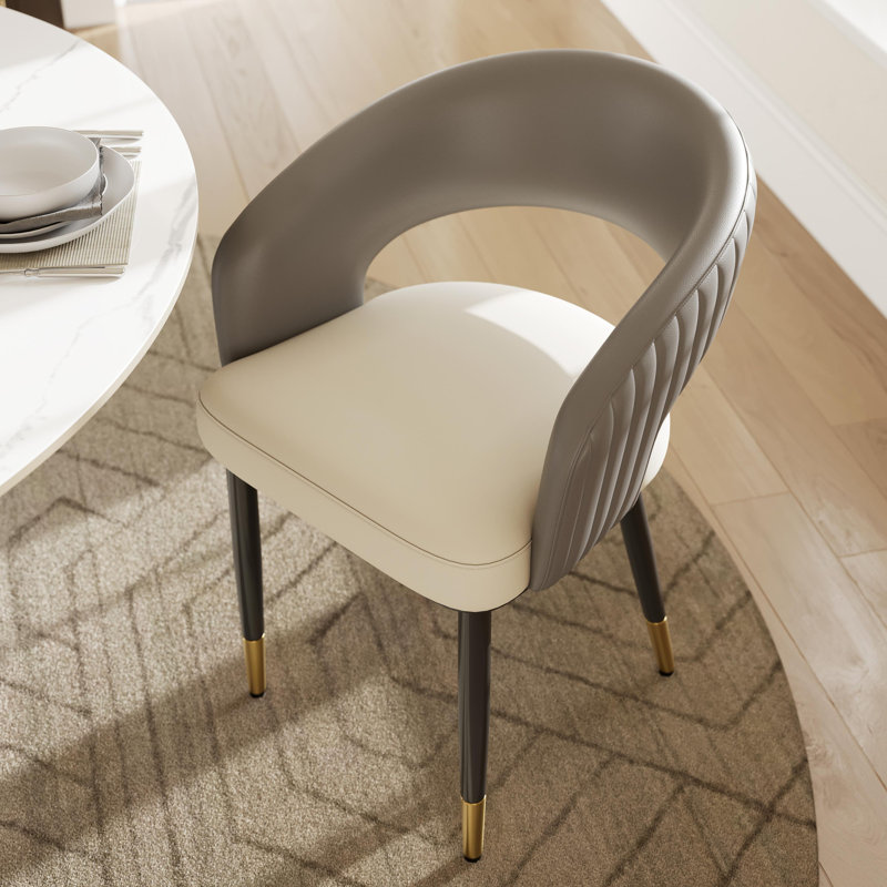 Modern Upholstered Dining Chairs Set of 2, Barrel Chairs with Open Back, Faux Leather Dining Chairs, Gray & Beige