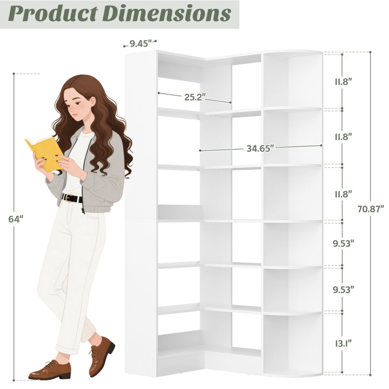 6 Tiers Corner Bookshelves With Baffle, 71" L-Shaped Bookcase With Open Storage, White