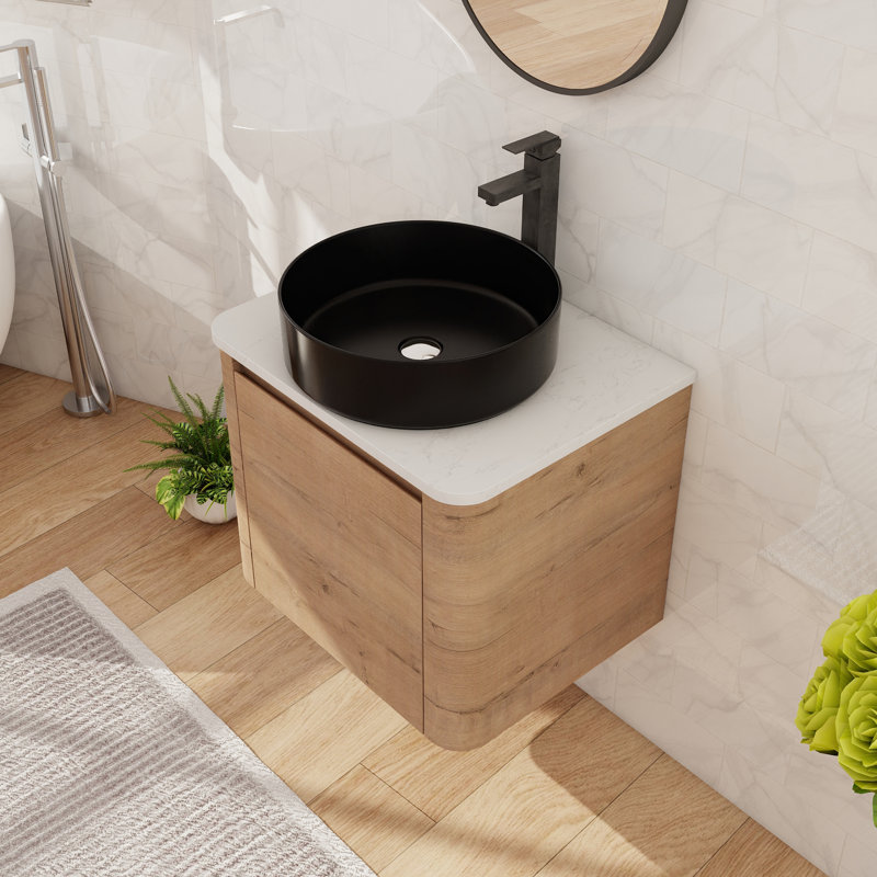 24'' Single Floating Bathroom Vanity With Ceramic Art Sink, Wall Mounted Bathroom Vanity With 1 Soft Close Door, Black