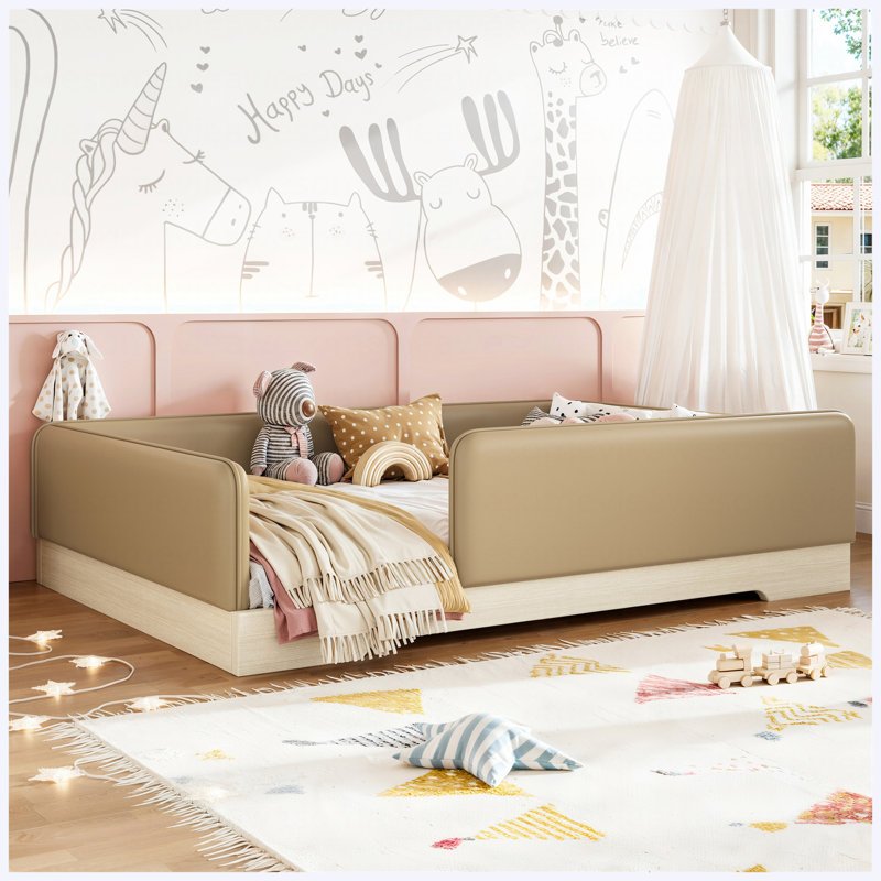 Lit double en similicuir Montessori avec garde-corps amovibles, brun, Double