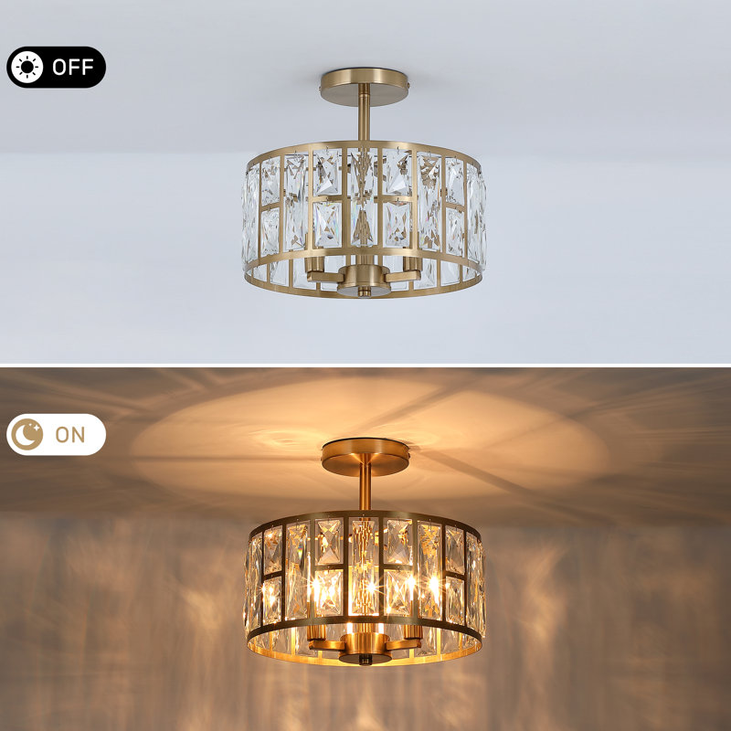 12" W 3-Light Semi Flush Mount with Crystal Shade, Gold Ceiling Light with Drum Shade for Bedroom & Foyer, Gold