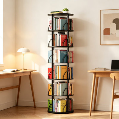 Tour de bibliothèque rotative à 6 niveaux, bibliothèque pivotante à 360 degrés, bibliothèque ronde rotative peu encombrante pour le salon, la chambre à coucher, le bureau, le rangement de coin pivotant au sol, 65,9 pouces de hauteur, noir