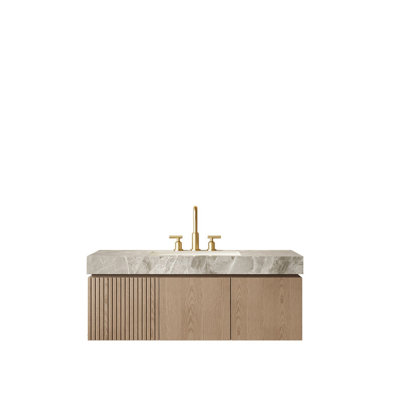 Meuble-lavabo 48 po, meuble de rangement flottant en contreplaqué avec tiroir et portes, comptoir en pierre frittée gris clair et lavabo en céramique avec 3 trous de robinet pré-percés, pré-assemblé, grain de bois Heidelberg