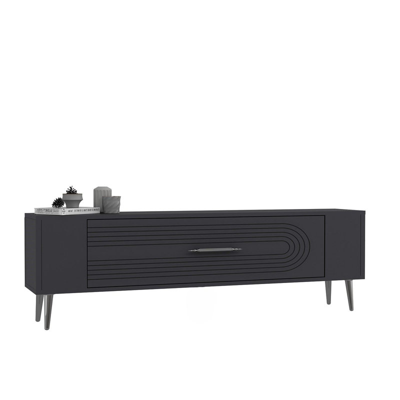 Meuble télé moderne avec option de fixation murale, anthracite et argenté, Catena, 47,2 x 19,0 x 10,4 pouces | 100% panneau de particules enduit de mélamine, tablette: 34,1 po x 11,4 po, hauteur de 11,4 po | Élégant et fonctionnel pour le salon et les salles multimédia