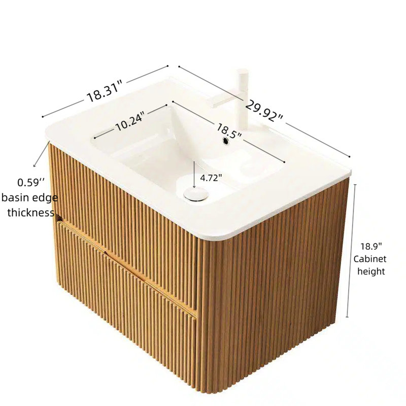 Meuble-lavabo mural de 30 po avec lavabo en céramique blanc, armoire de rangement en contreplaqué, 2 tiroirs, finition naturelle, glissières de tiroir à fermeture en douceur, lavabo rectangulaire au design scandinave, lisse flottante