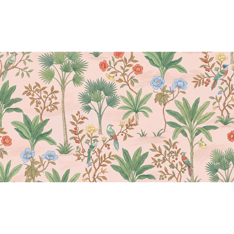 Papier peint rétro avec oiseaux tropicaux, Non-Woven Nonpasted, 140" x 108"