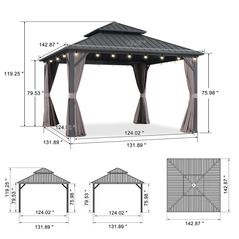 Purple Leaf 12' X 12' Hardtop Gazebo With Light Galvanized Steel Double Roof Outdoor Gazebo For Patio Lawn And Garden Grey