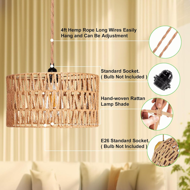 Natural Rattan and Metal Plug-In Pendant Light with Cylindrical Shade