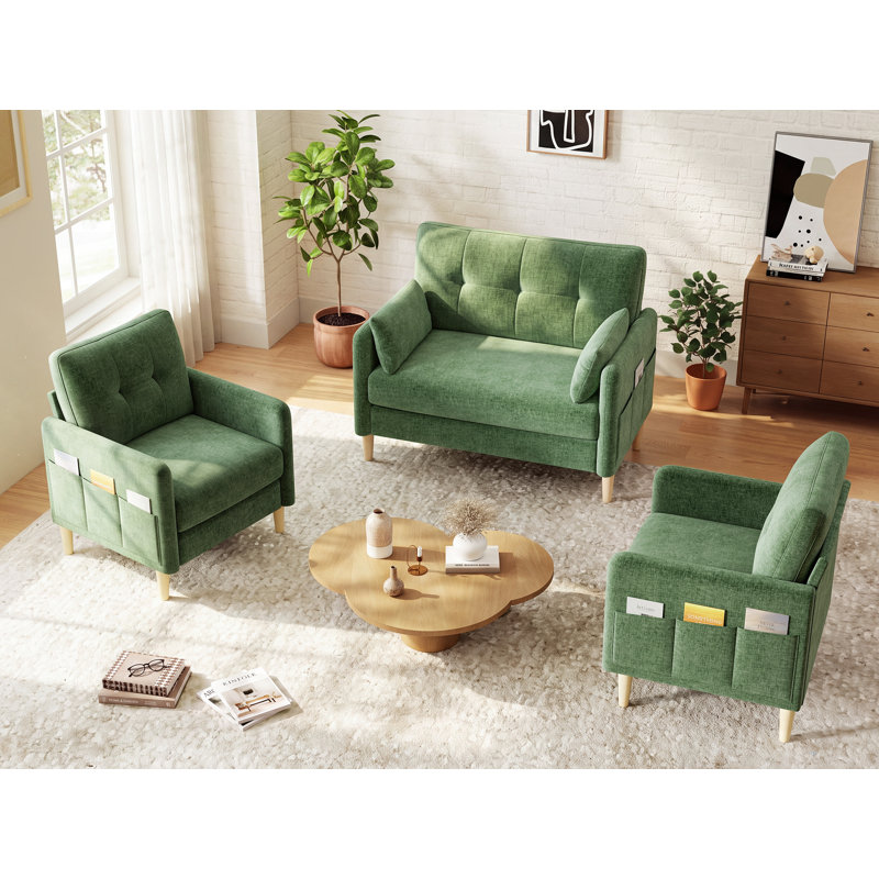 Welton 3-Piece Modern Tufted Chenille Living Room Set with Storage Pockets, Green