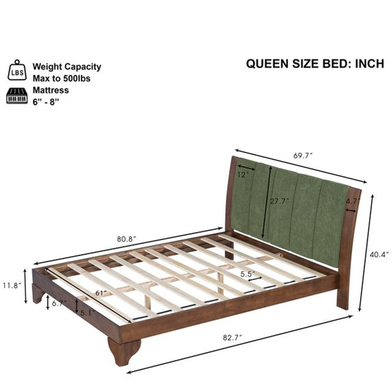 Premium Walnut & Green Pine Wood Queen Bed Frame - Mid-Century Modern with Headboard, Queen, Green/Walnut