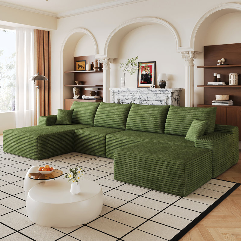 Canapé modulaire 135 po avec 1 repose-pieds Cloud, fauteuils rembourrés minimalistes modernes, canapé confortable en forme de U pour le salon, canapé d'angle à siège profond, sans assemblage requis, noir (tissu en velours côtelé moelleux), vert