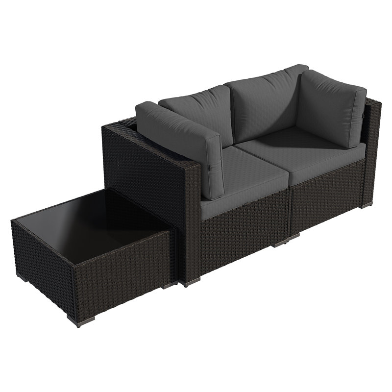 3 -Person Rattan Patio Safo With Cushions, Brown, Dark Blue