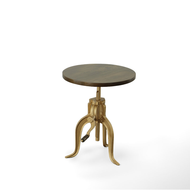 Gracie Mills Contemporary 19" Brass and Elm Adjustable Round End Table
