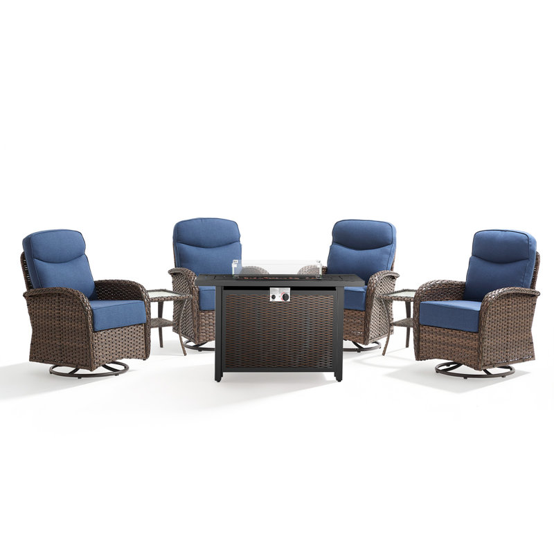 Totnes 4-Person Wicker Patio Rectangle Metal Fire Pit Table Conversation Set With Swivel Gliders And Side Tables, Blue
