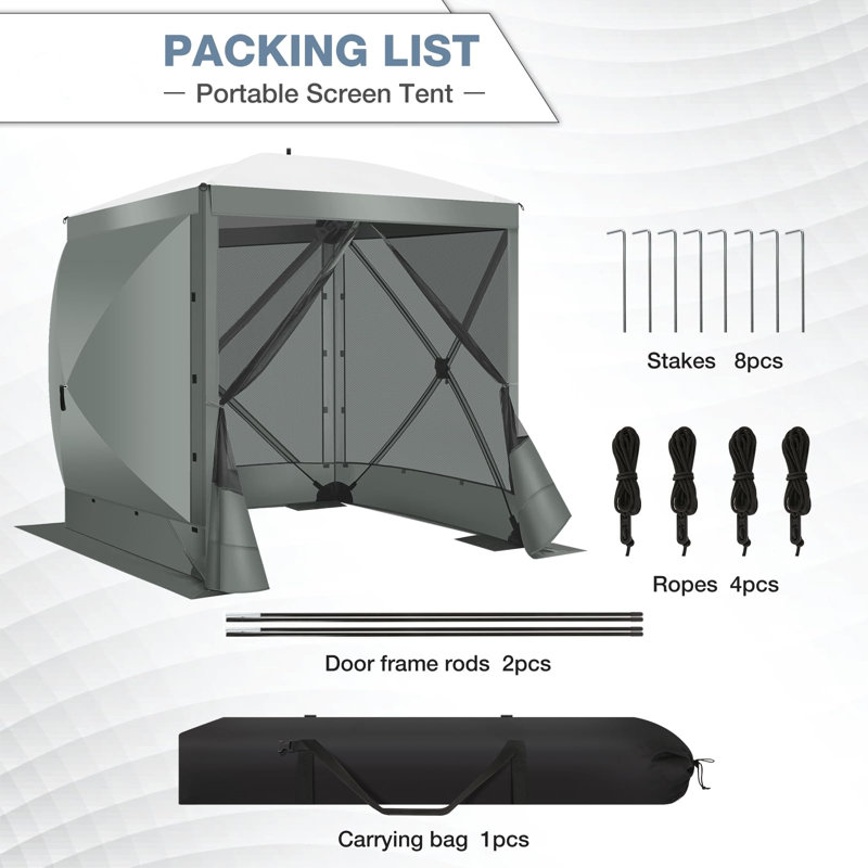 6x6FT Camping Gazebo Screen Tent,  Sided Pop-up Canopy Shelter with Mesh Windows, Grey