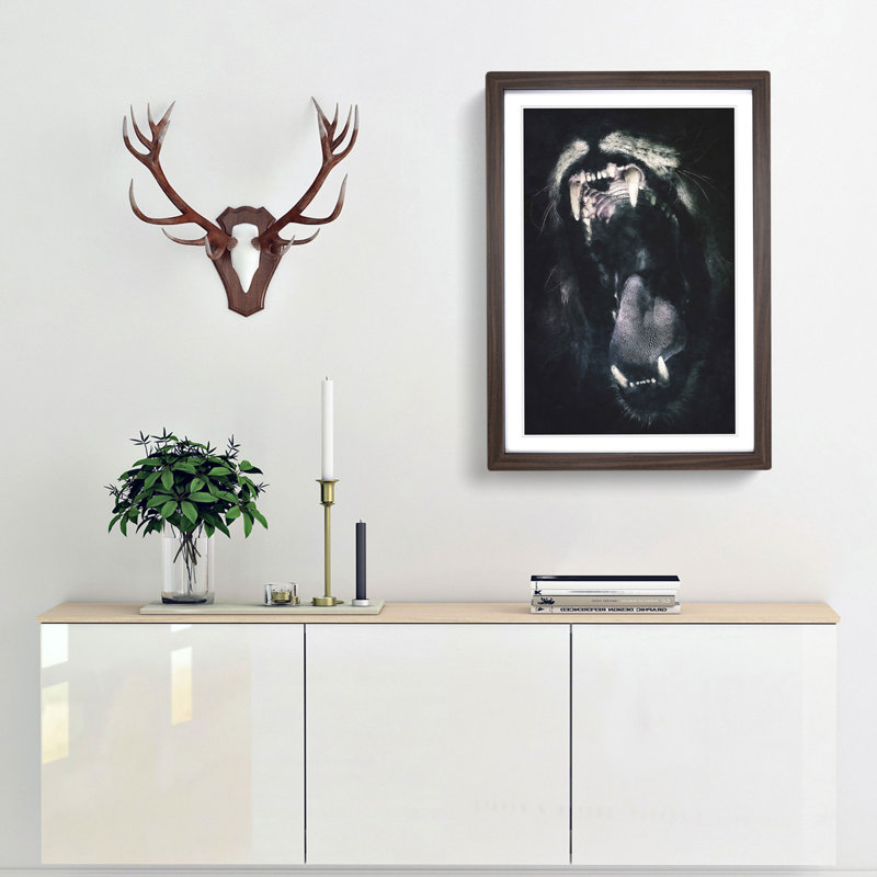 Roaring Lion - Single Picture Frame Painting on MDF, 87cm H x 62cm W x 2cm D, Walnut Framed