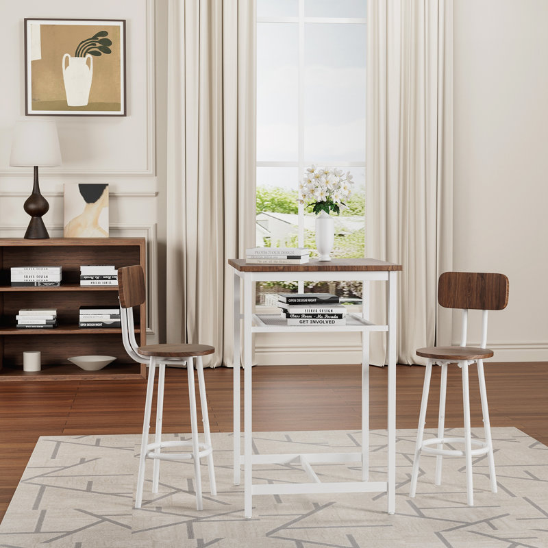 Table avec 2 tabourets de bar, Blanc, Brun, Brun / Blanc